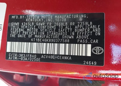 2009 Toyota Camry Le from USA, damaged, VIN 4T1BE46K89U377588